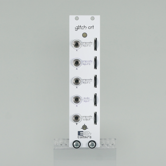 Photograph of a GlitchCRT Eurorack Video Synthesizer Module on a clear acrylic stand infront of a seamless grey background.
